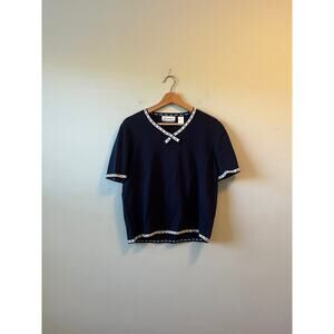 Vintage Alfred Dunner Petite Navy Blue Blouse with White Neckline Accent